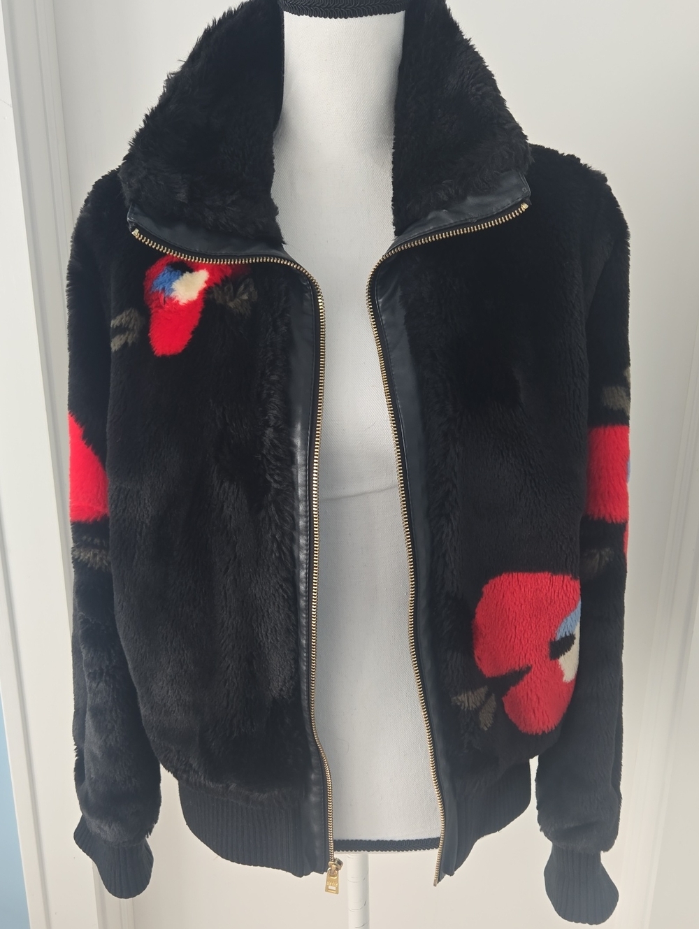 MARC NEW YORK ANDREW MARC Black Faux-Fur Bomber Jacket with Red Floral Accents M